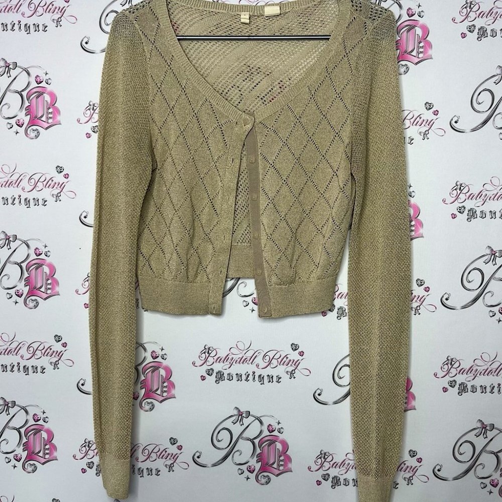 MOTH sparkly gold cardigan glitter button up crochet knitted cute y2k shrug
